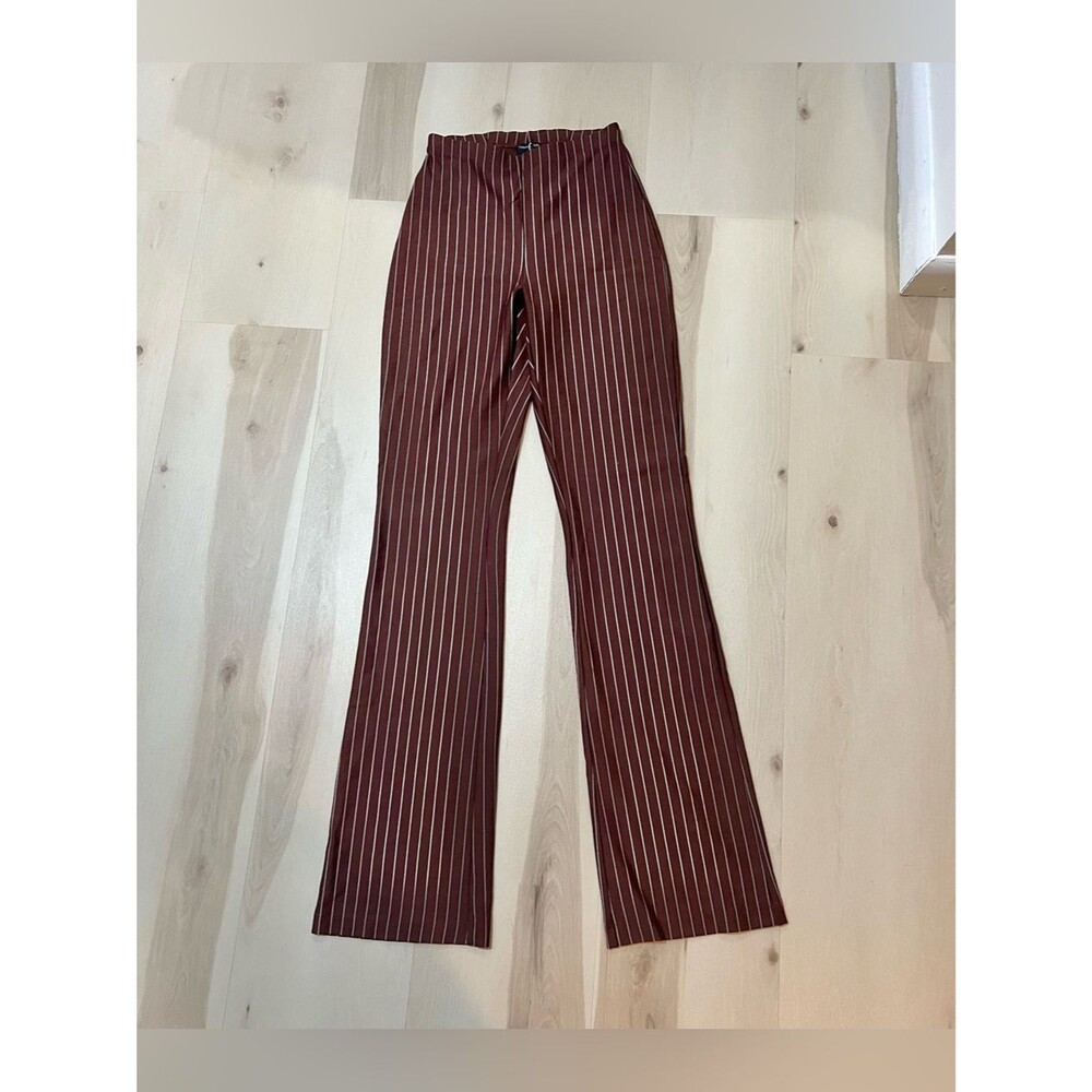 Naked Wardrobe New Women Small Brown White Pinstripe High Waist Bootcut Pants